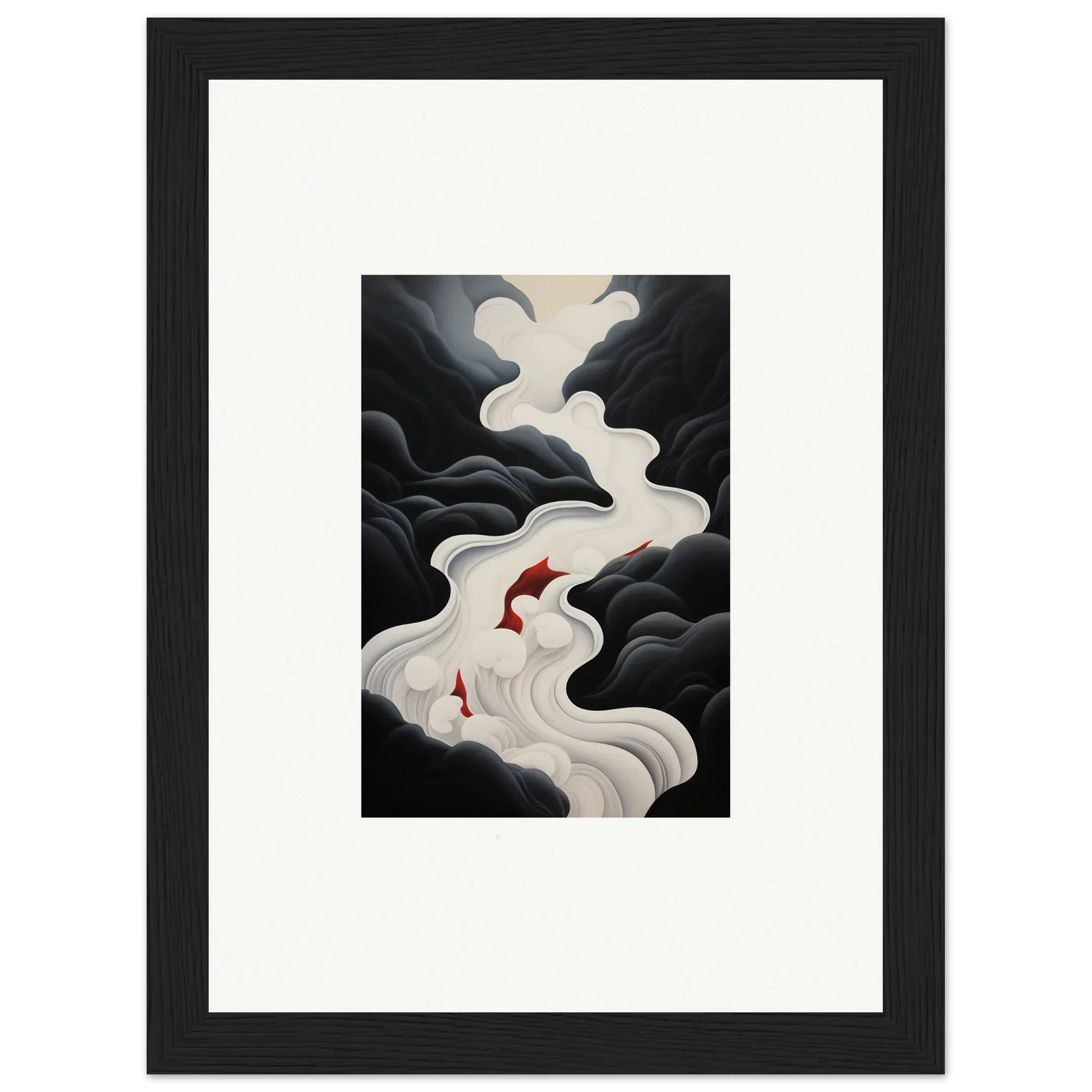 Two red koi fish swim up a white waterfall in Ethereal Flux Dream framed wall art