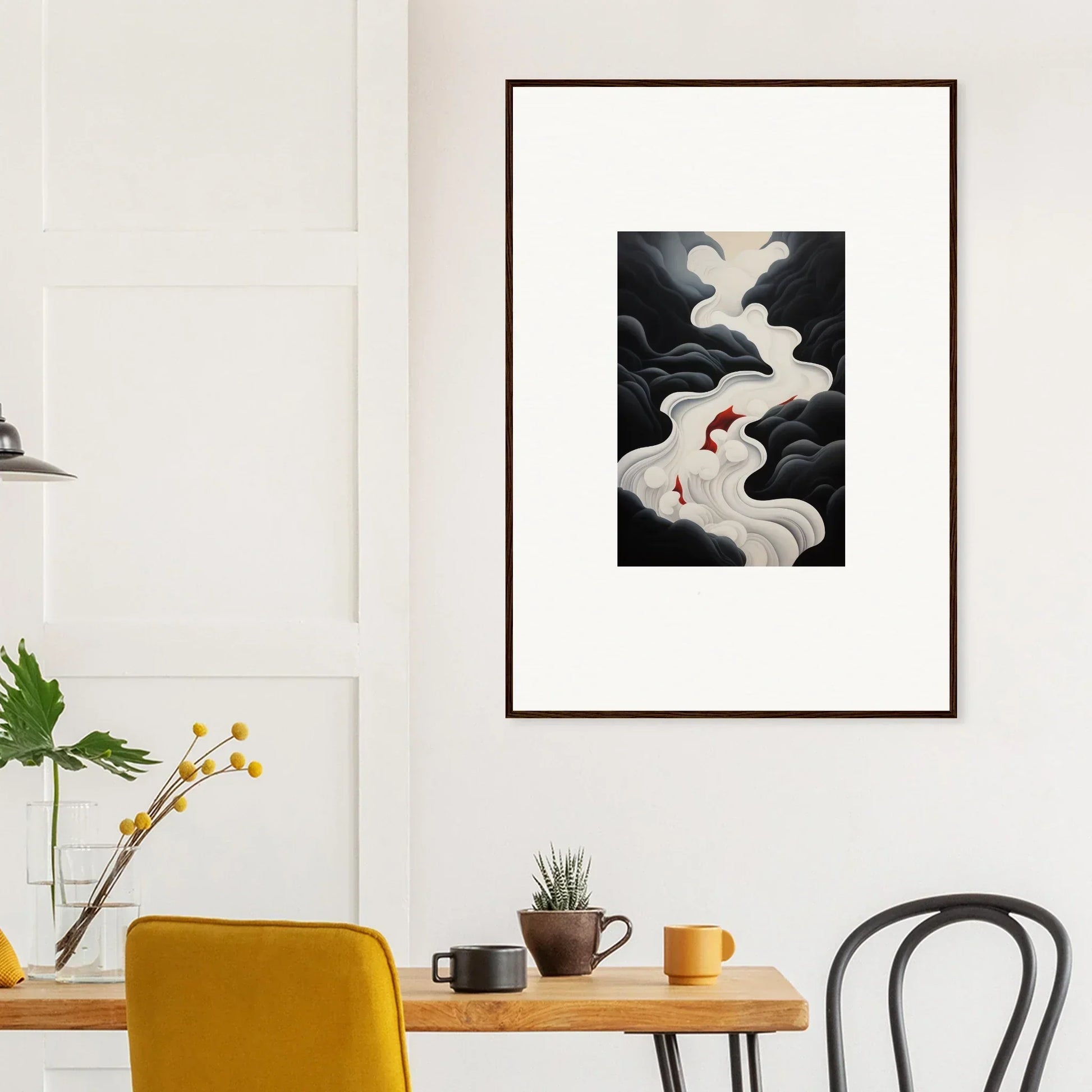 Framed wall art titled Ethereal Flux Dream with flowing white smoke on a dark background