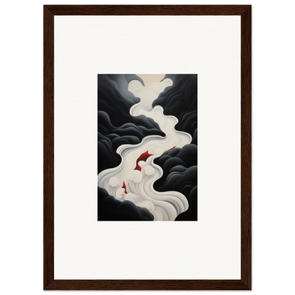 Red koi fish swimming through a white stream in dark clouds, Ethereal Flux Dream art