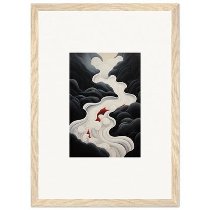 Framed wall art of red koi fish in swirling white smoke from Ethereal Flux Dream
