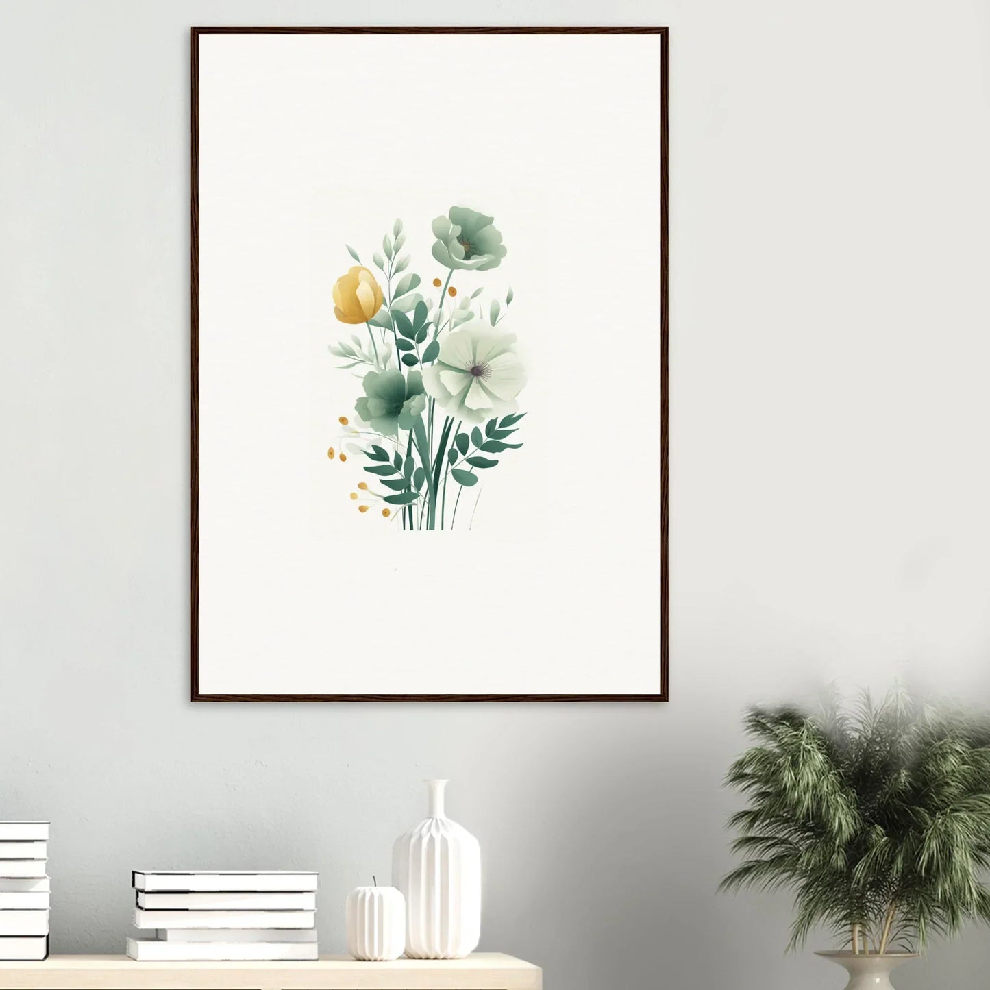 Framed watercolor floral wall art in green and yellow for stylish room decoration