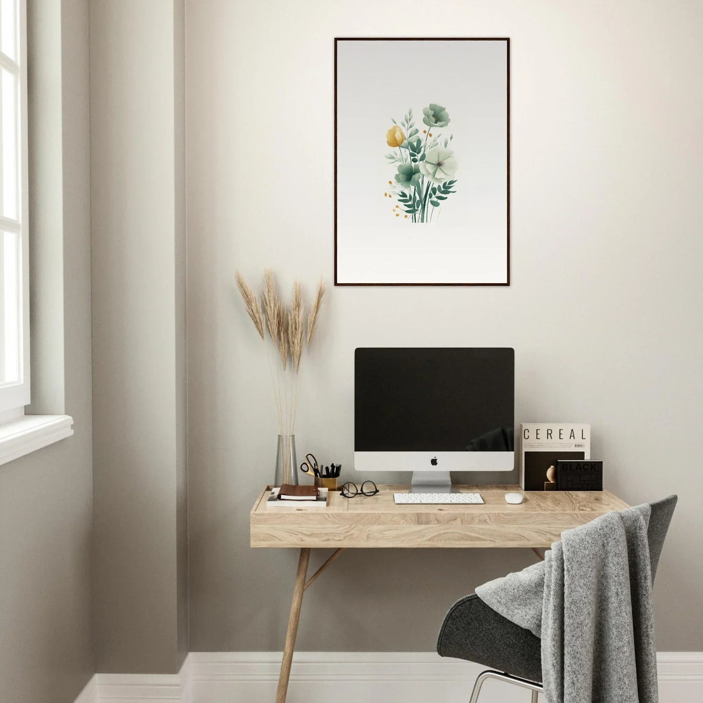 Minimalist home office with wooden desk, computer, and Ethereal Garden wall art