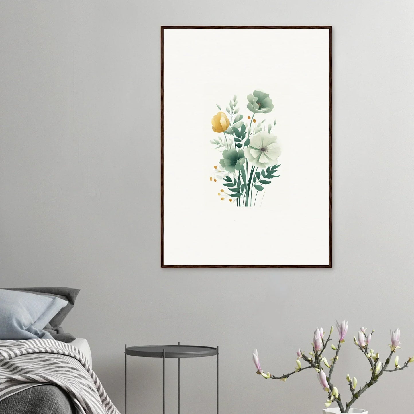 Framed watercolor wall art of green leaves and yellow flower for fresh room decoration