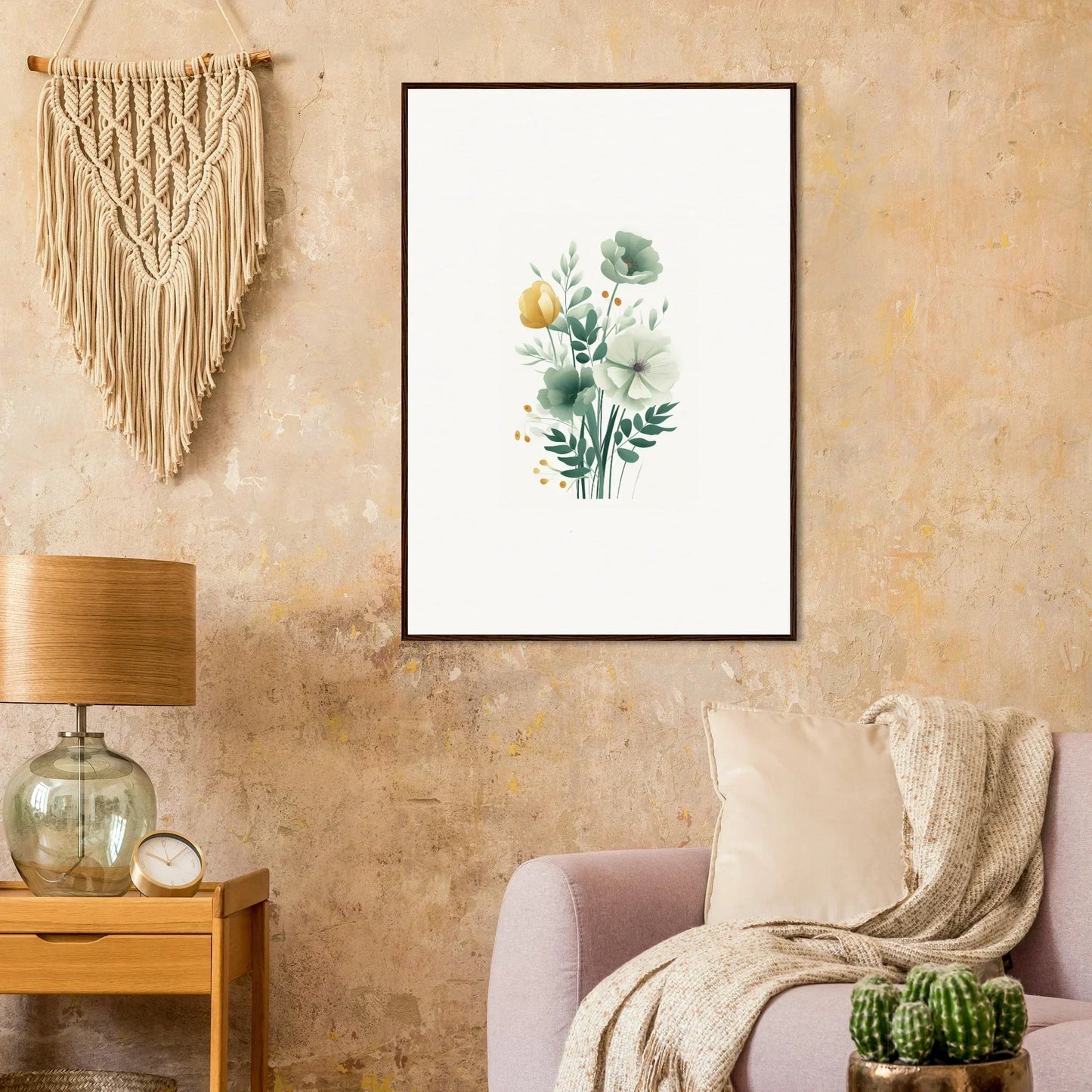 Framed watercolor wall art of delicate flowers and leaves for stylish room decoration