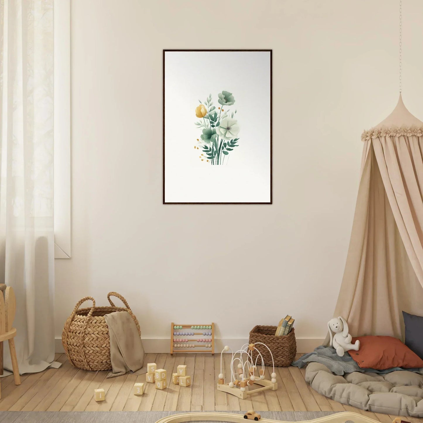 Framed botanical watercolor print of flowers and leaves for stylish room decoration