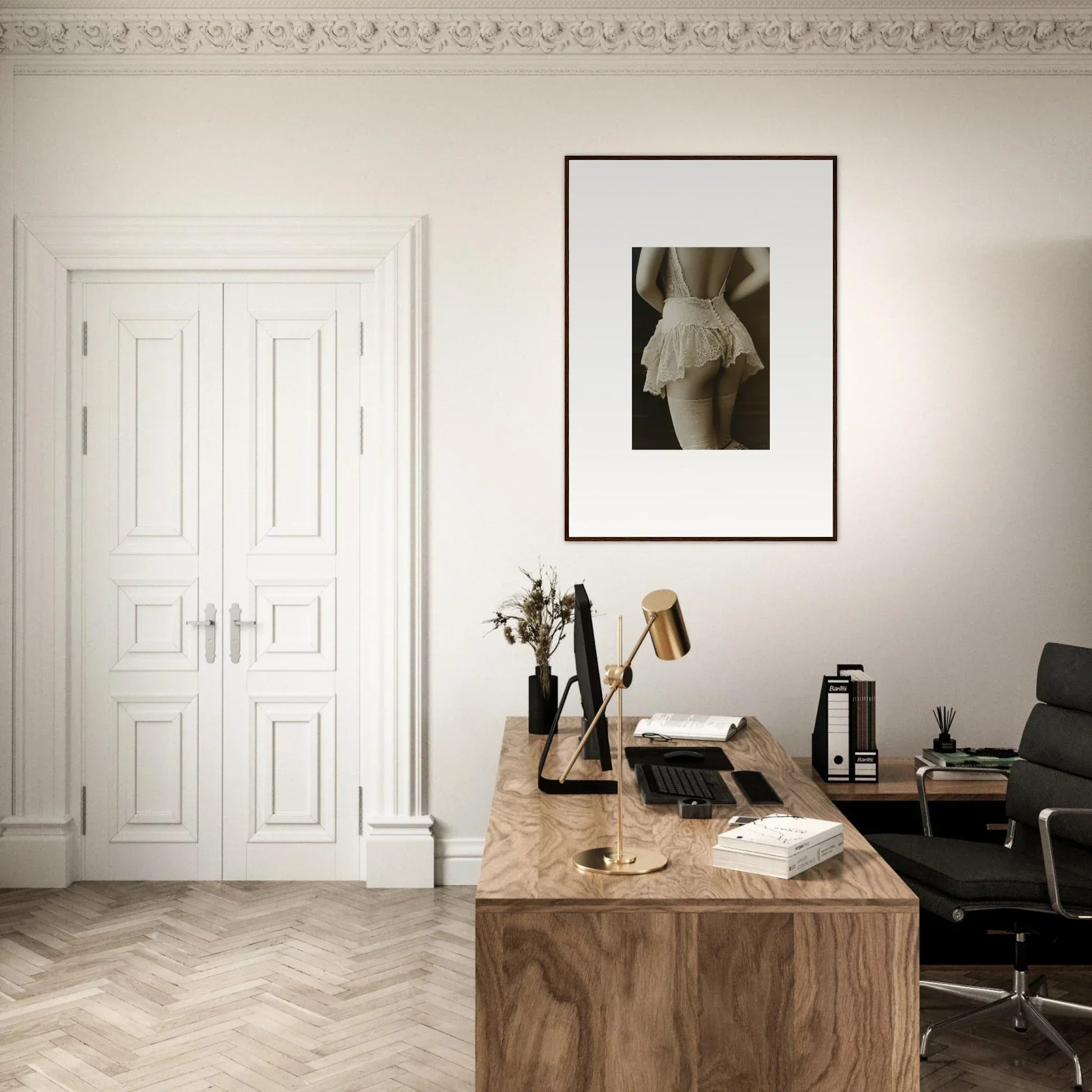 Elegant home office with wooden desk and artistic wall art for stylish room decoration