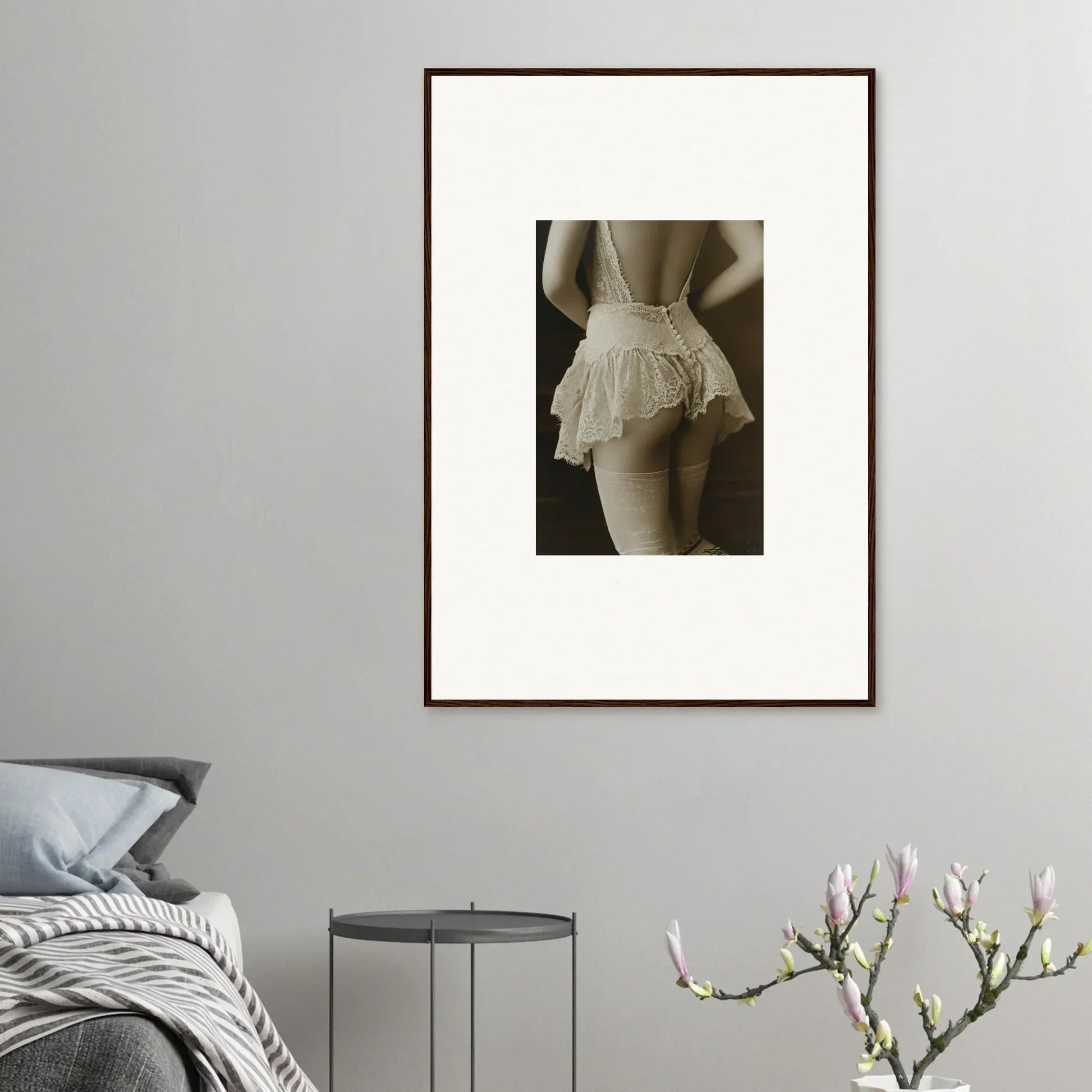 Framed canvas print of a person in a white ruffled skirt for room decoration