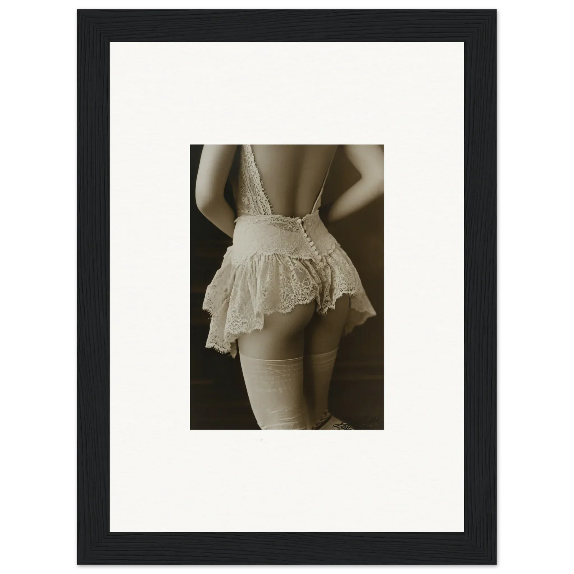 Framed sepia photograph of lace undergarments for chic room decoration wall art