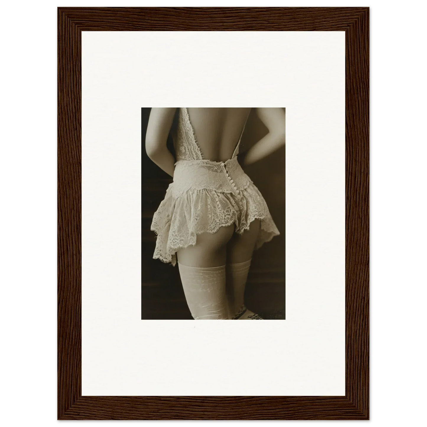 Sepia-toned wall art of a woman’s torso in delicate lace lingerie for room decoration