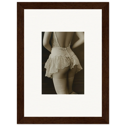 Sepia-toned wall art of a woman’s torso in delicate lace lingerie for room decoration