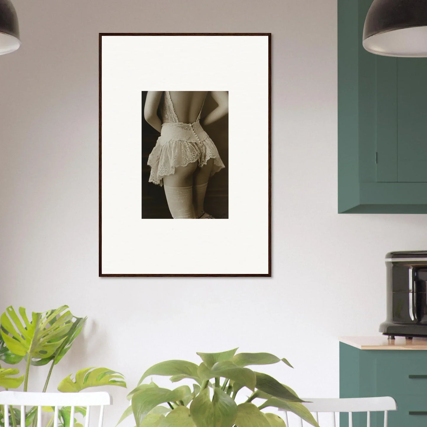 Framed canvas print of a person’s lower back in a ruffled tutu for unique room decoration