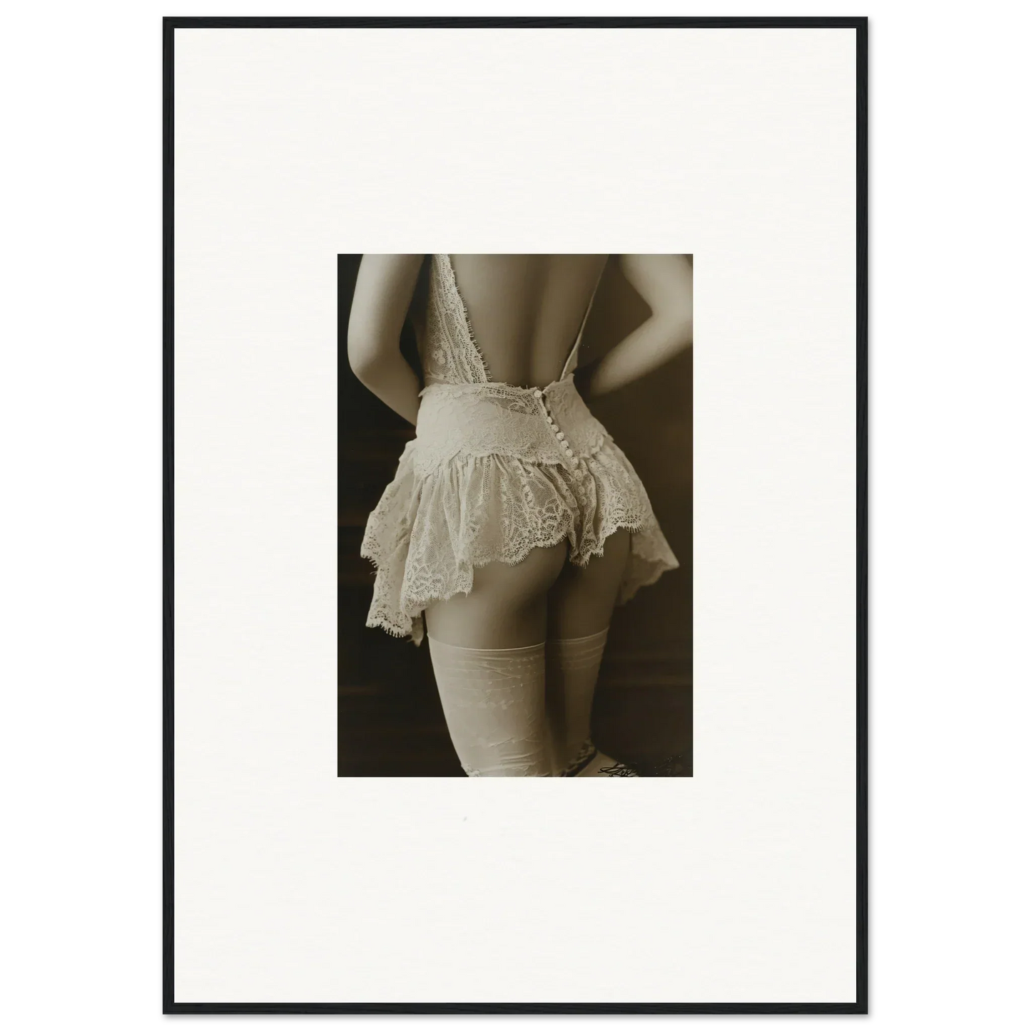 Sepia-toned canvas print of woman in lace undergarments, perfect for room decoration