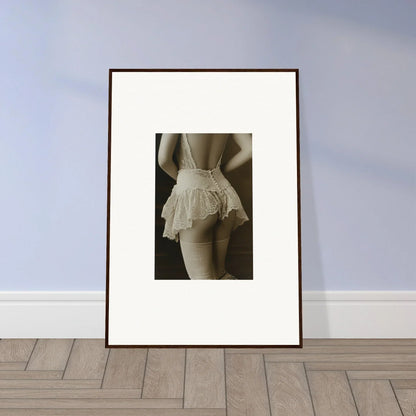 Framed black-and-white photo of a person in lacy undergarment for cool wall art