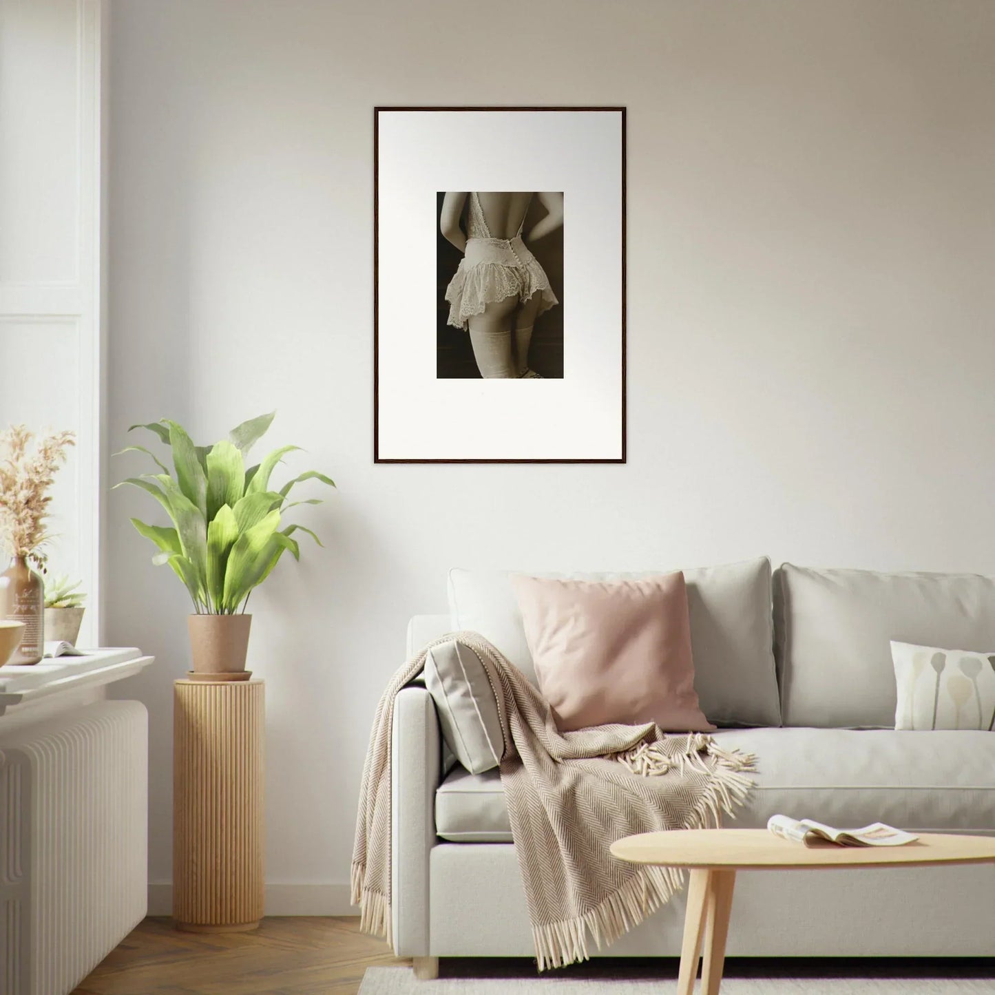 Framed black and white canvas print of lace underwear for unique room decoration wall art