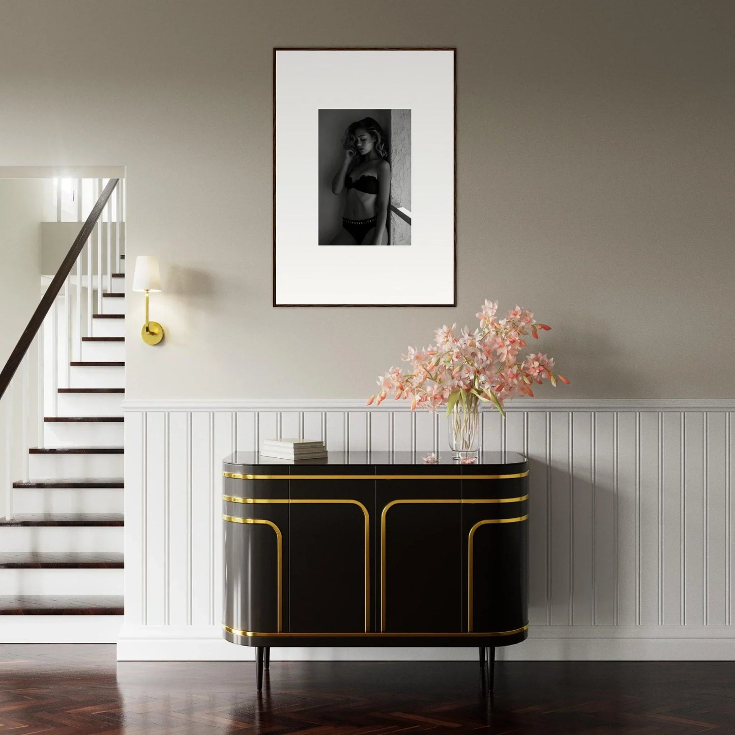 Elegant black and gold sideboard with curved edges and sleek design.