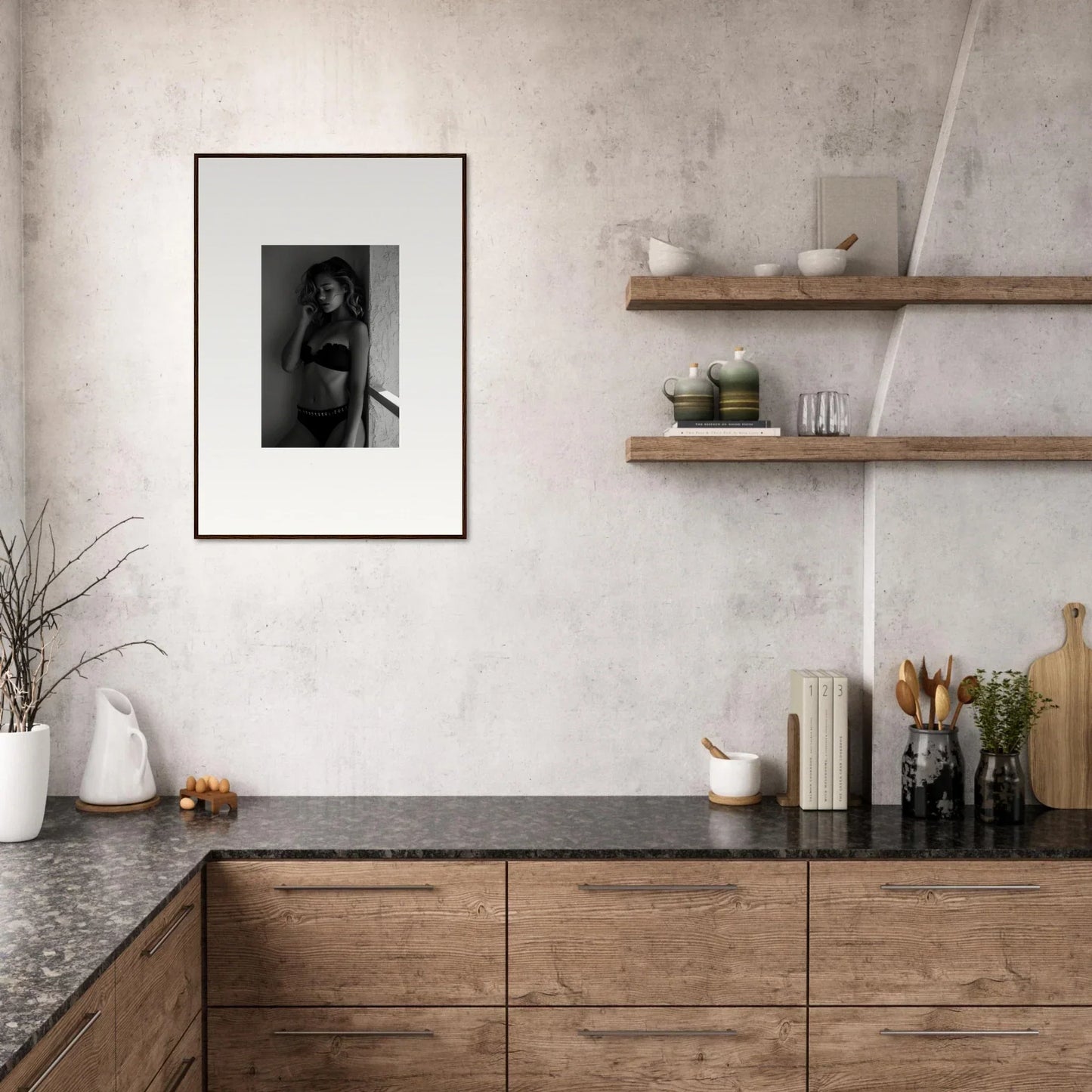 Modern kitchen with wooden cabinetry, dark countertops, and floating shelves.