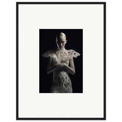 Haunting black-and-white lace echoes portrait, ideal for elegant room decor and framed wall art