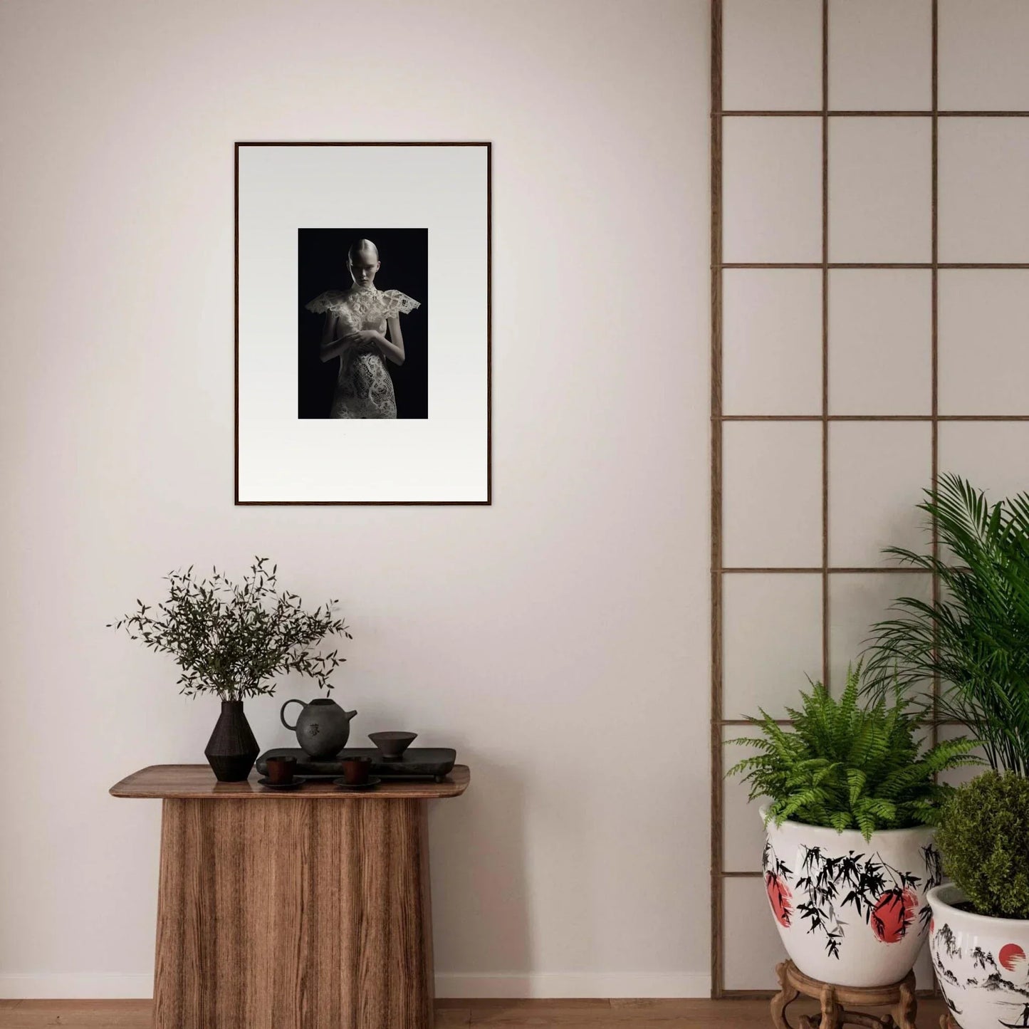 Framed black and white photograph of a person for stylish lace echoes room decor