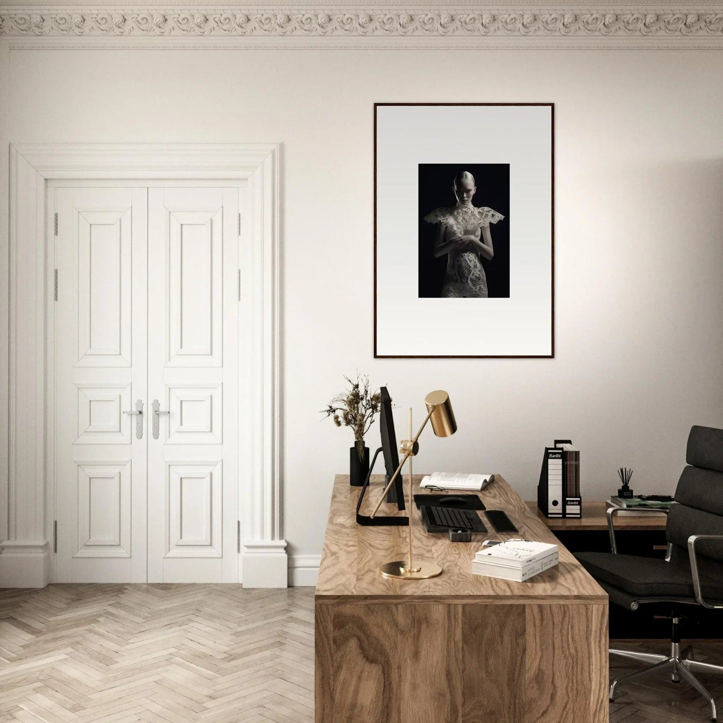 Elegant home office workspace with wooden desk, lace echoes, and framed wall art