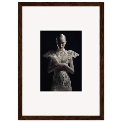 Ethereal Lace Echoes figure in ornate white dress, perfect for room decor or framed wall art