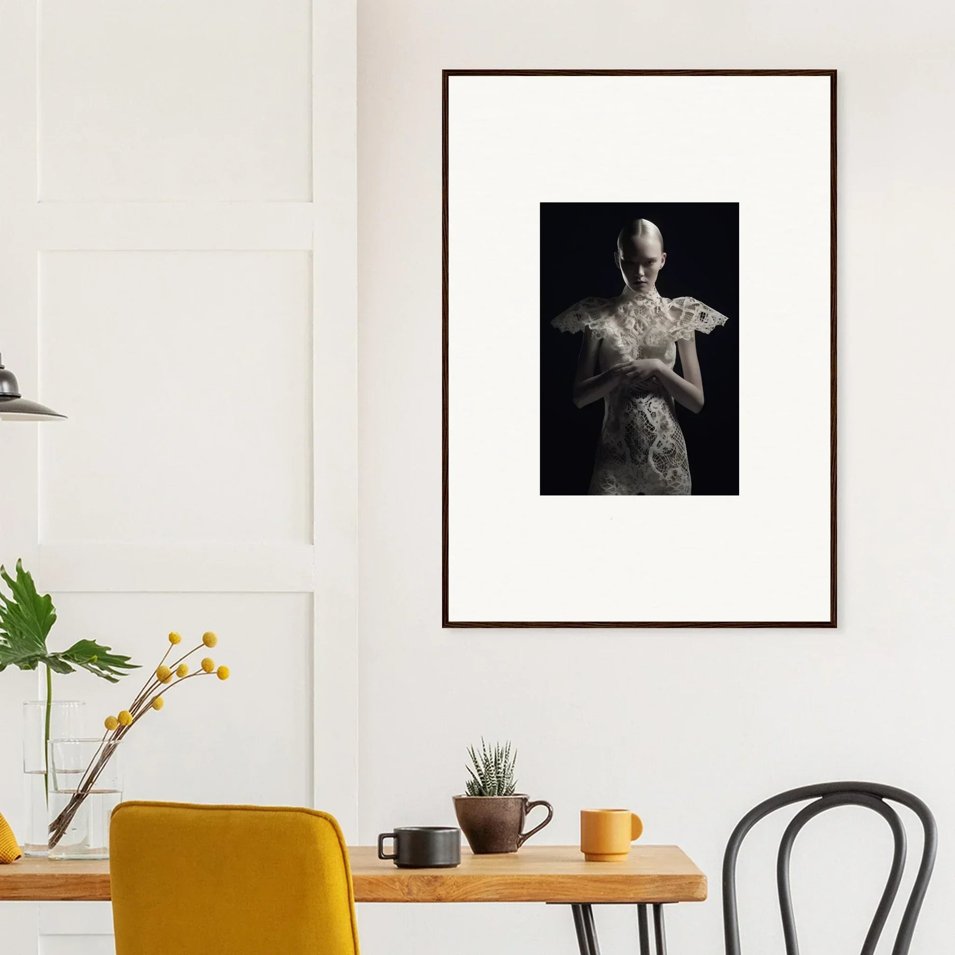 Framed black and white wall art of a person and animal, perfect for lace echoes room decor