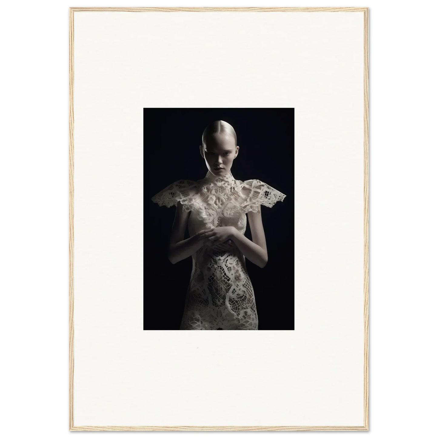 Haunting black-and-white portrait in ornate lace echoes, ideal for framed wall art and room decor