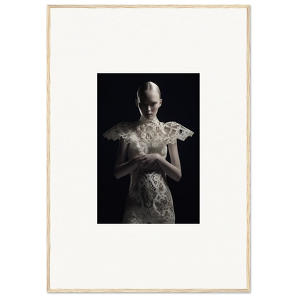 Haunting black-and-white portrait in ornate lace echoes, ideal for framed wall art and room decor