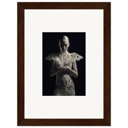 Framed black and white photograph of a figure in an ornate dress for room decor