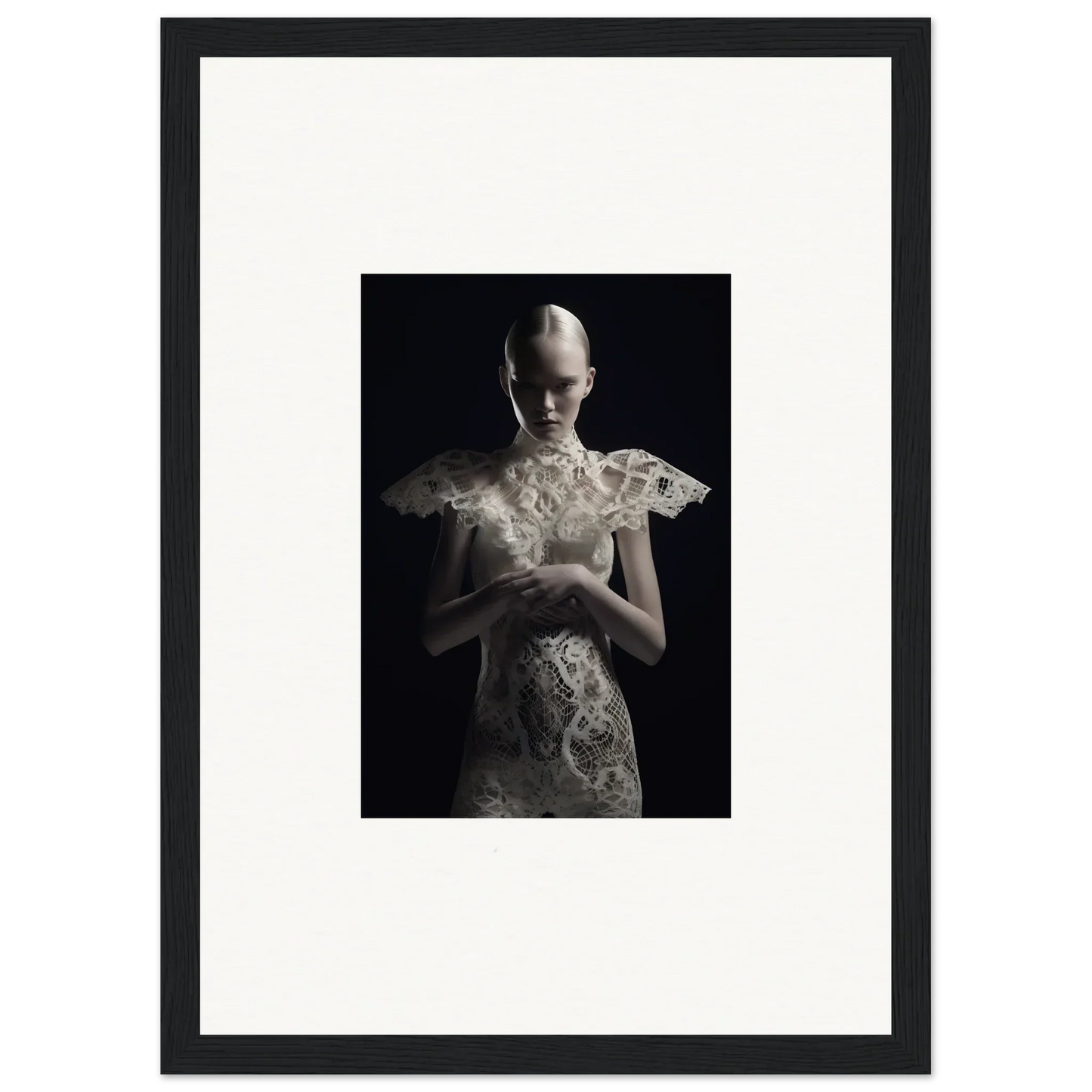 Ethereal figure in ornate white dress, a stunning piece for Lace Echoes wall art decor