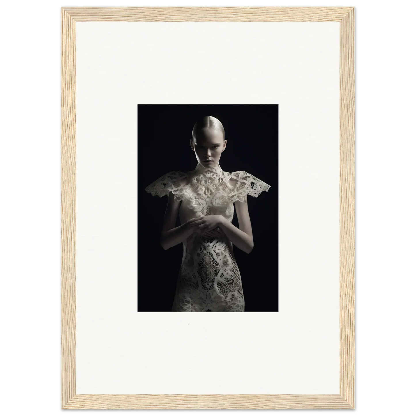 Framed wall art featuring a figure in ornate white garment from Lace Echoes collection