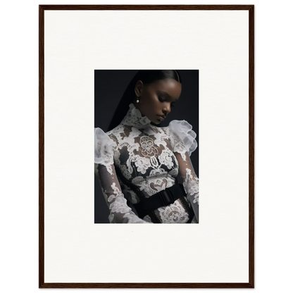 Framed portrait photograph of a person wearing an ornate white lace top.