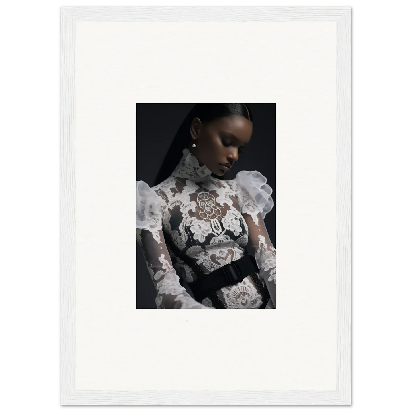 Portrait of a woman wearing an ornate white lace top against a dark background.