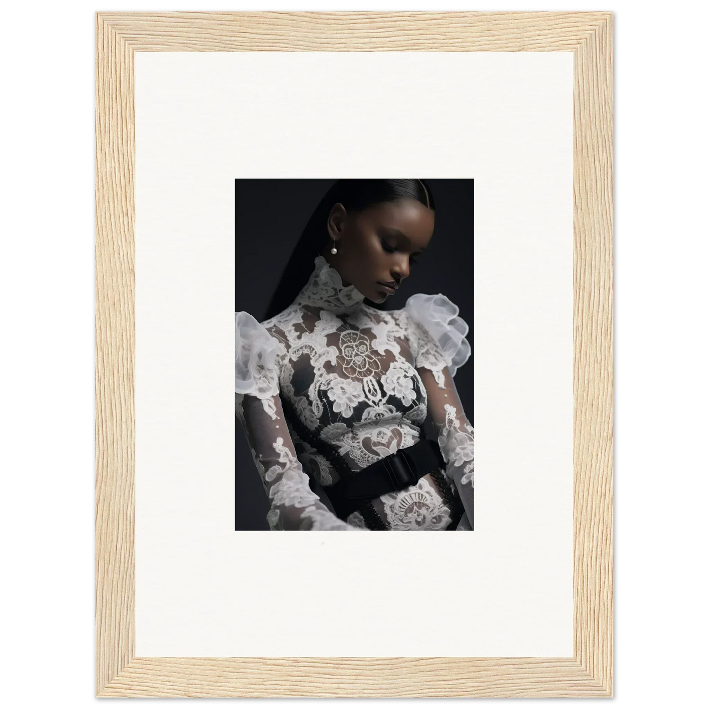 Framed portrait photograph of a woman wearing an ornate white lace top against a dark background.