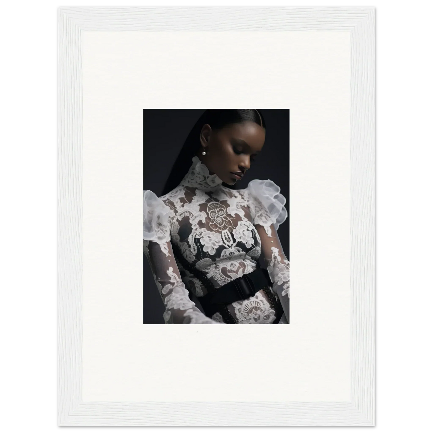 Portrait photograph of a woman wearing an ornate white lace top with floral embroidery.