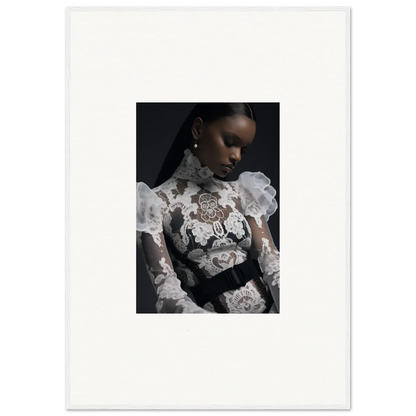 Portrait photograph of a woman wearing an intricately detailed white lace top against a dark background.