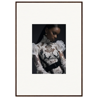 Portrait photograph of a woman wearing an ornate white lace top with floral embroidery.