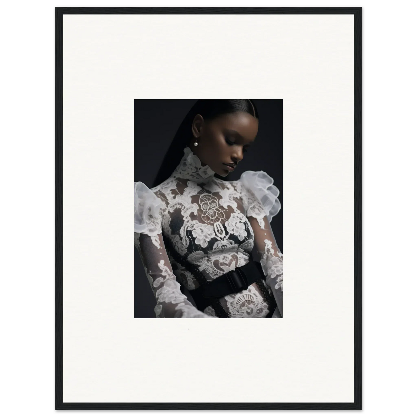 Portrait of a woman wearing an ornate white lace top with floral embroidery.