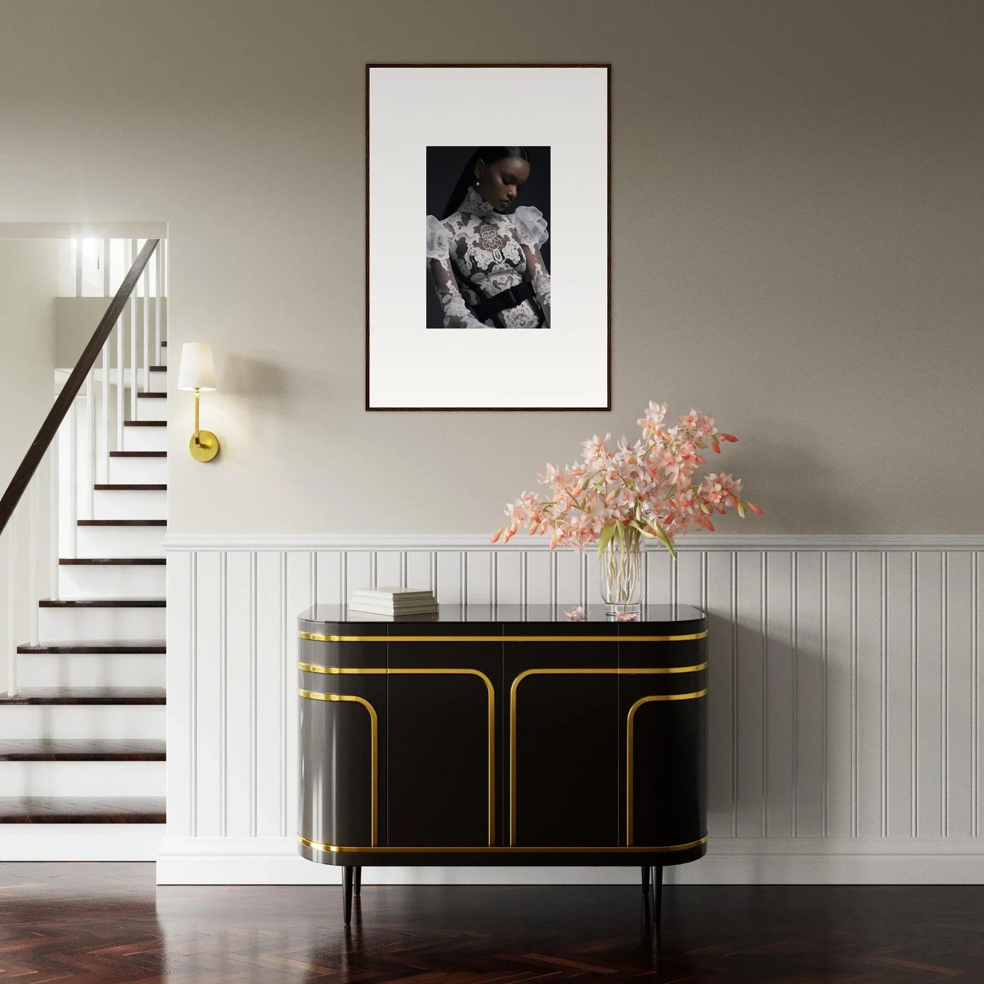 Elegant black sideboard with gold trim and curved edges.