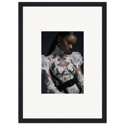 Portrait of a woman wearing an ornate white lace and floral-embroidered top against a dark background.