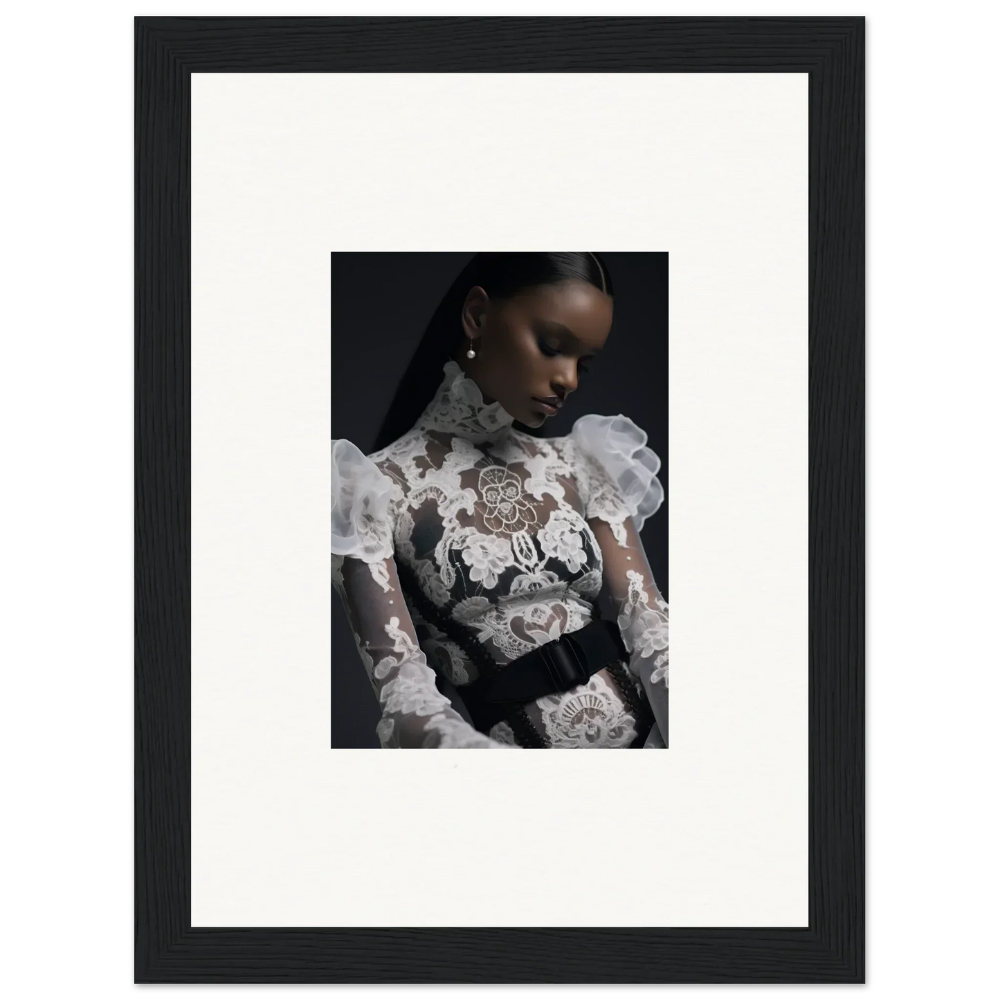 Framed portrait photograph of a woman wearing an ornate white lace top.