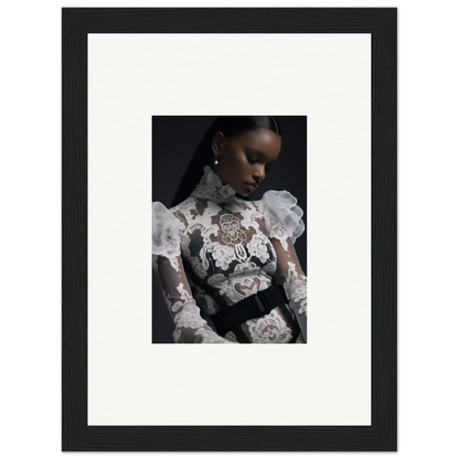 Framed portrait photograph of a woman wearing an ornate white lace top.