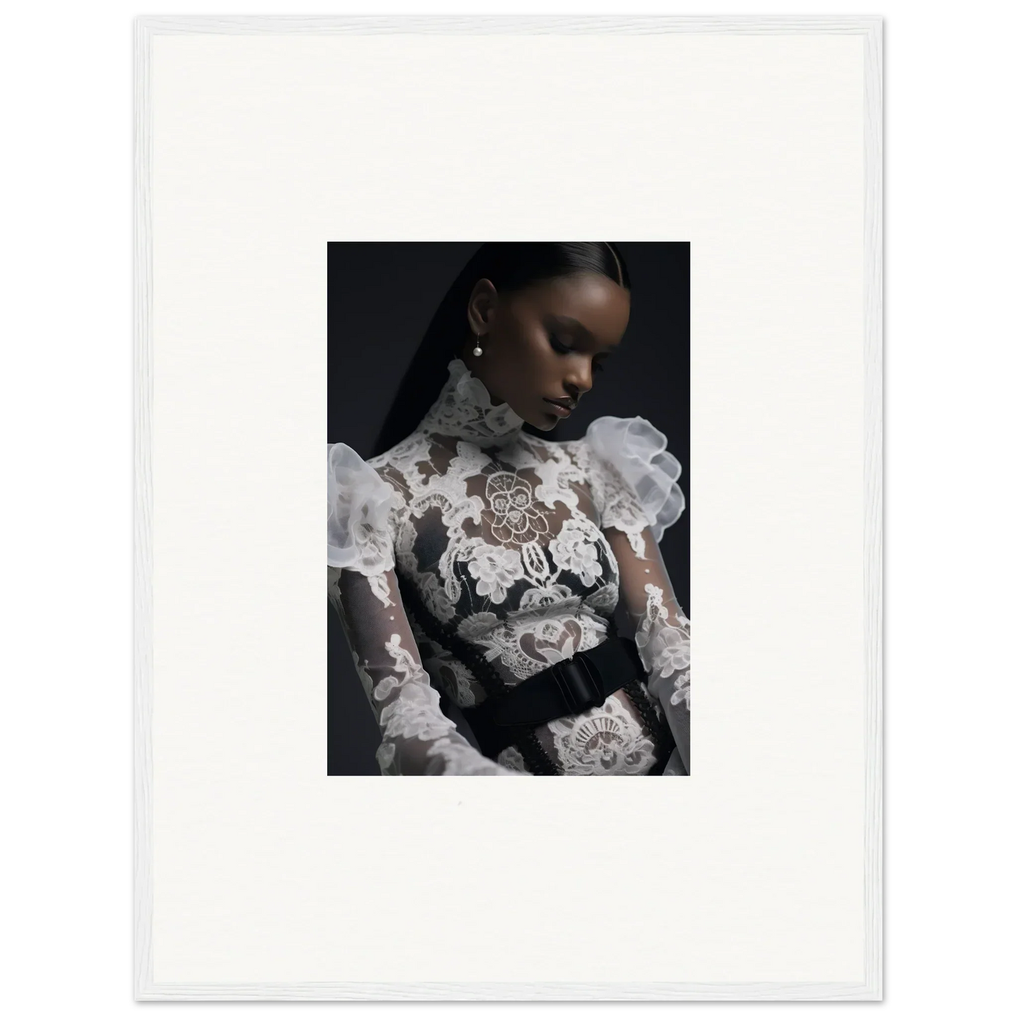 Portrait photograph of a woman wearing an ornate white lace top with puffed sleeves.