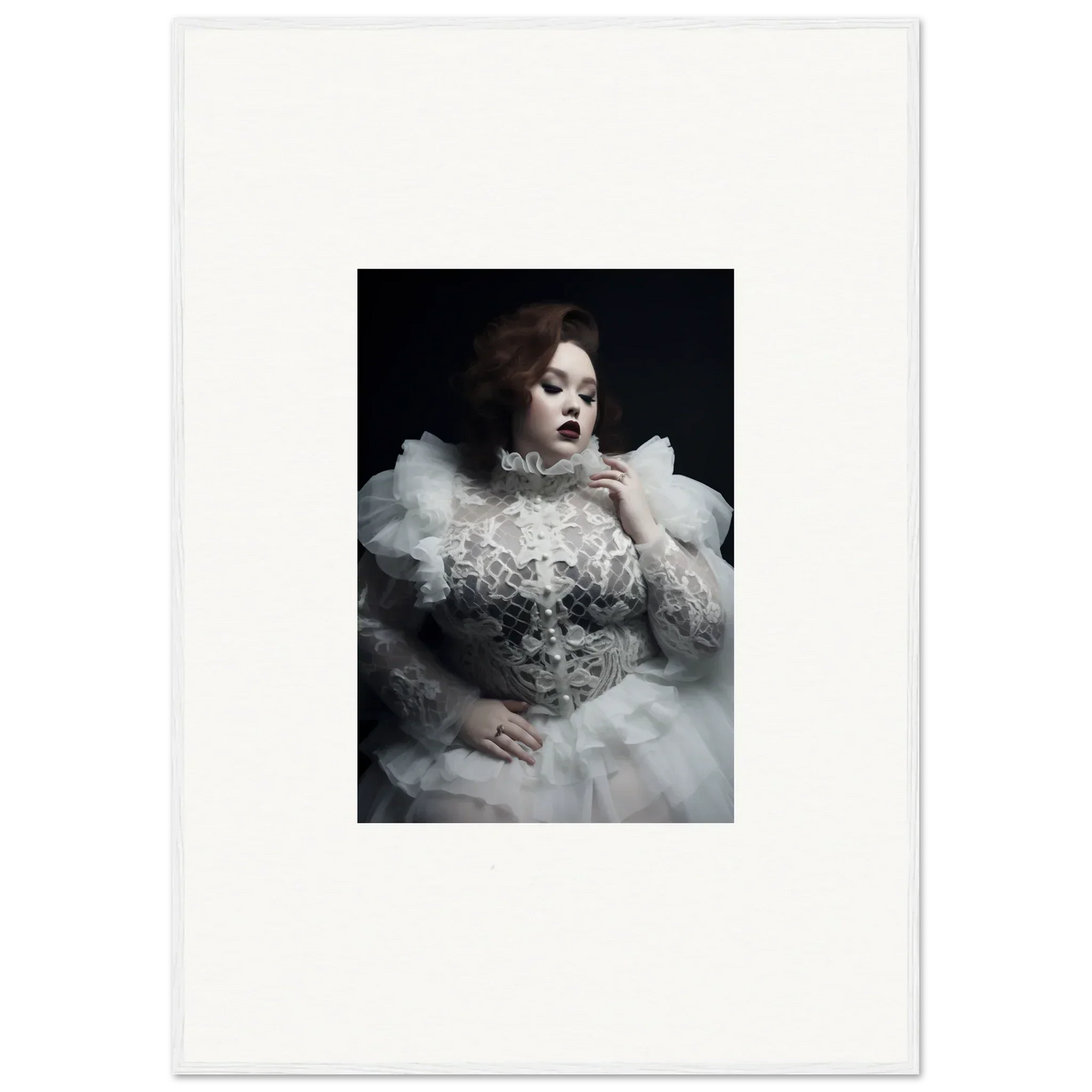 Dramatic portrait of a woman in an ornate white gown with voluminous ruffles and lace details.