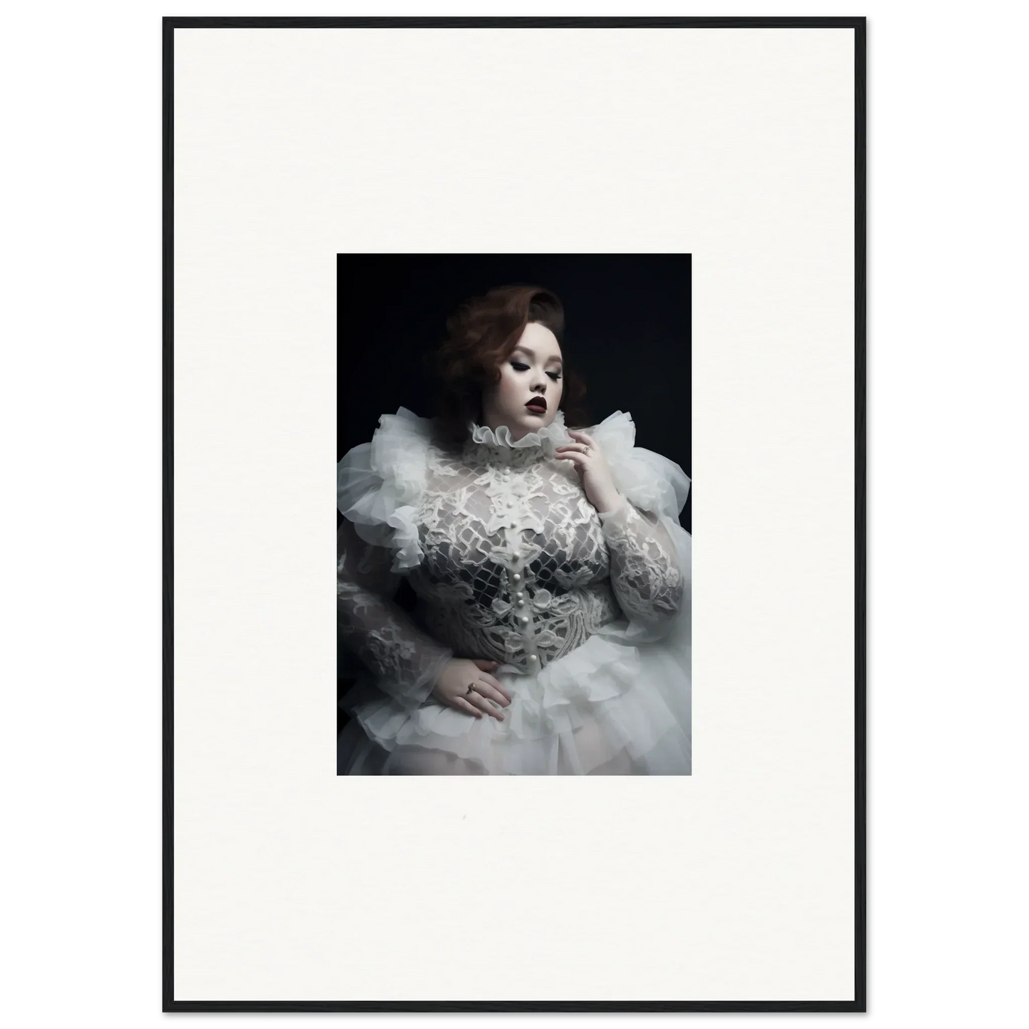 Dramatic portrait of a woman in an ornate white gown with voluminous ruffles and lace details.