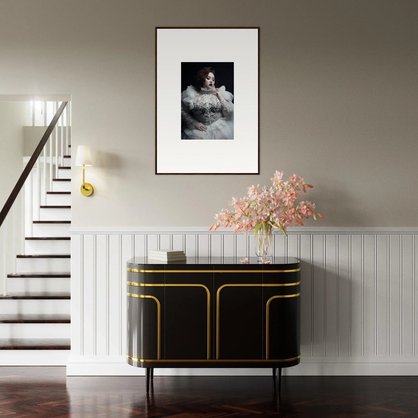 Elegant black and gold sideboard with curved edges and cabinet doors.