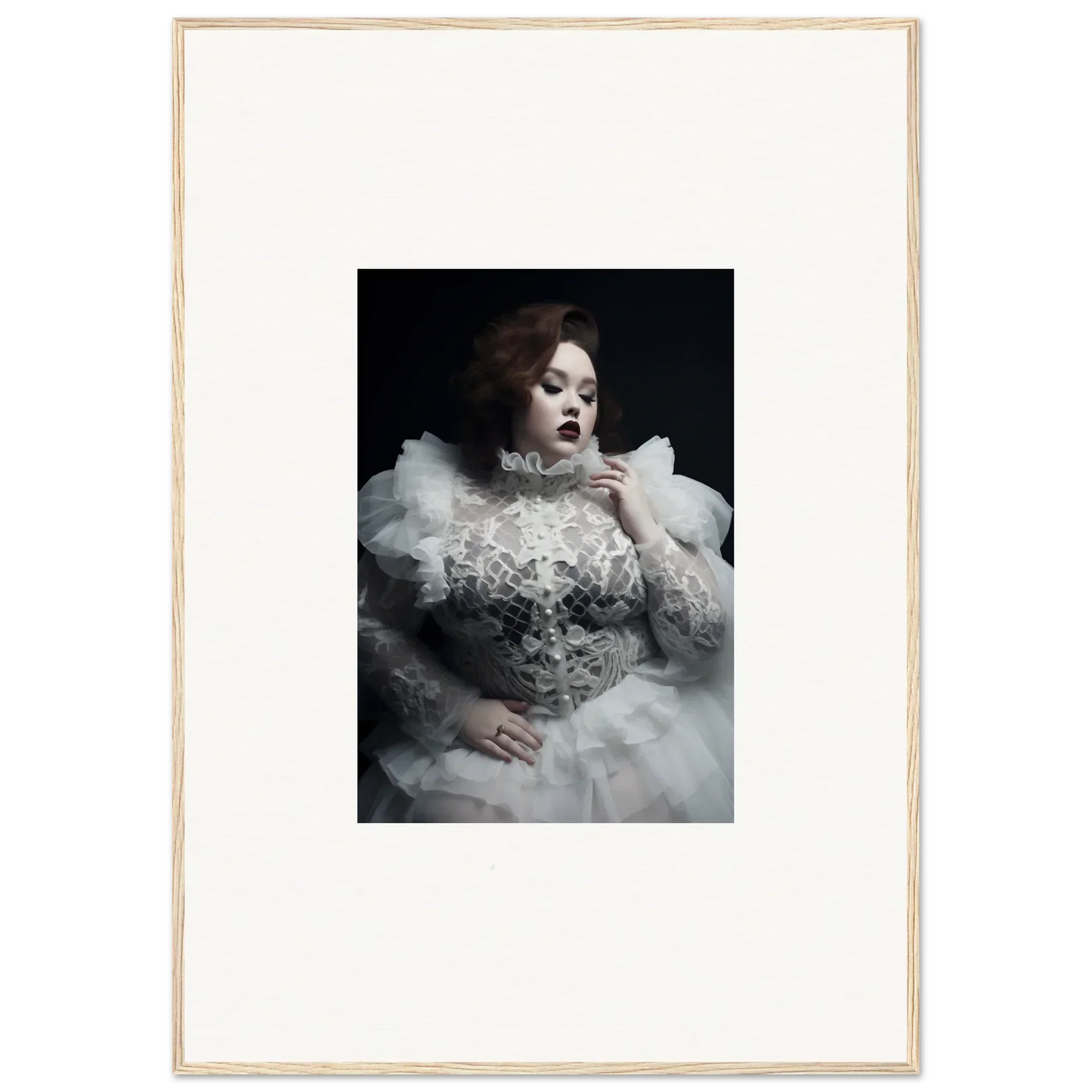 Portrait of a woman in an ornate white gown with voluminous ruffles and lace details.