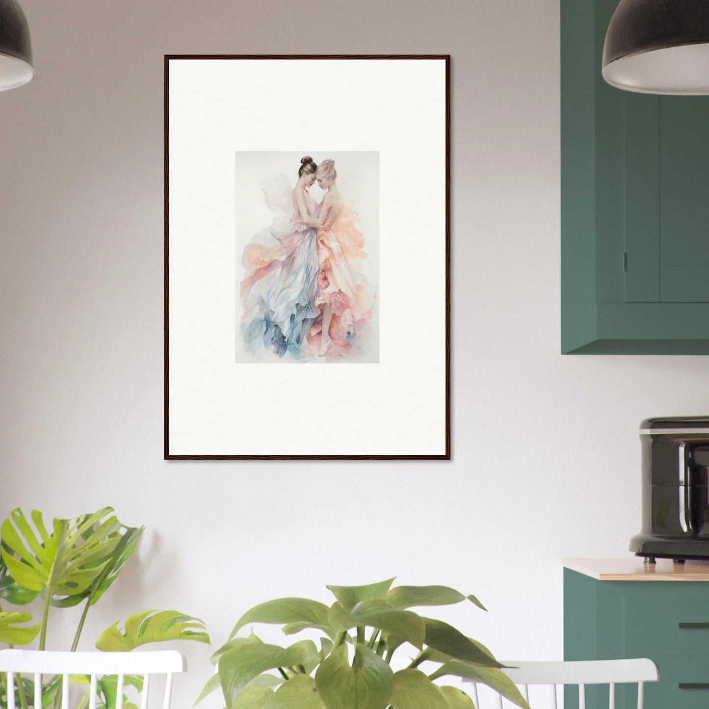 Framed watercolor art of a delicate figure in pink and blue, Ethereal Lacework Wispers