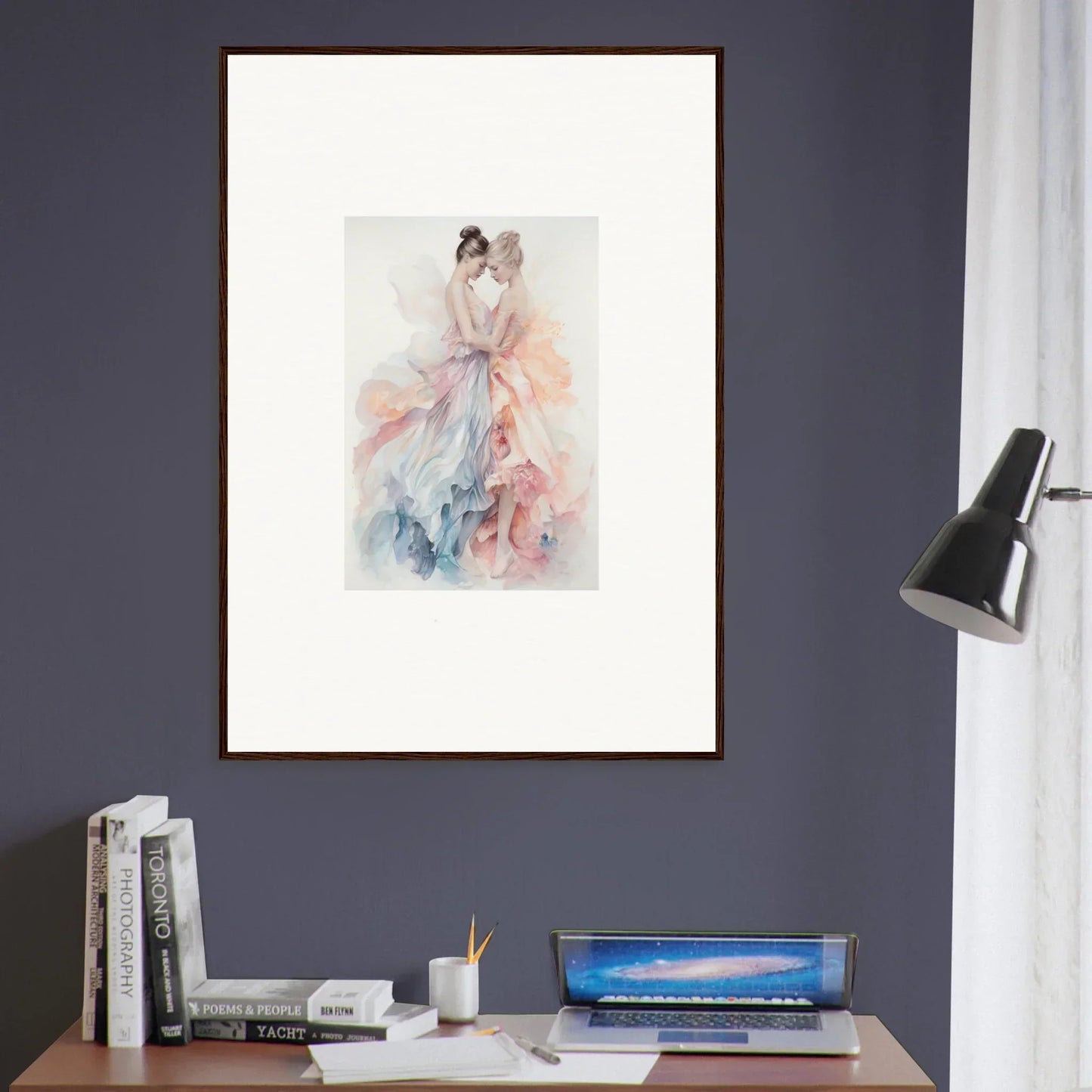 Framed watercolor of a figure in flowing dress, Ethereal Lacework Wispers art