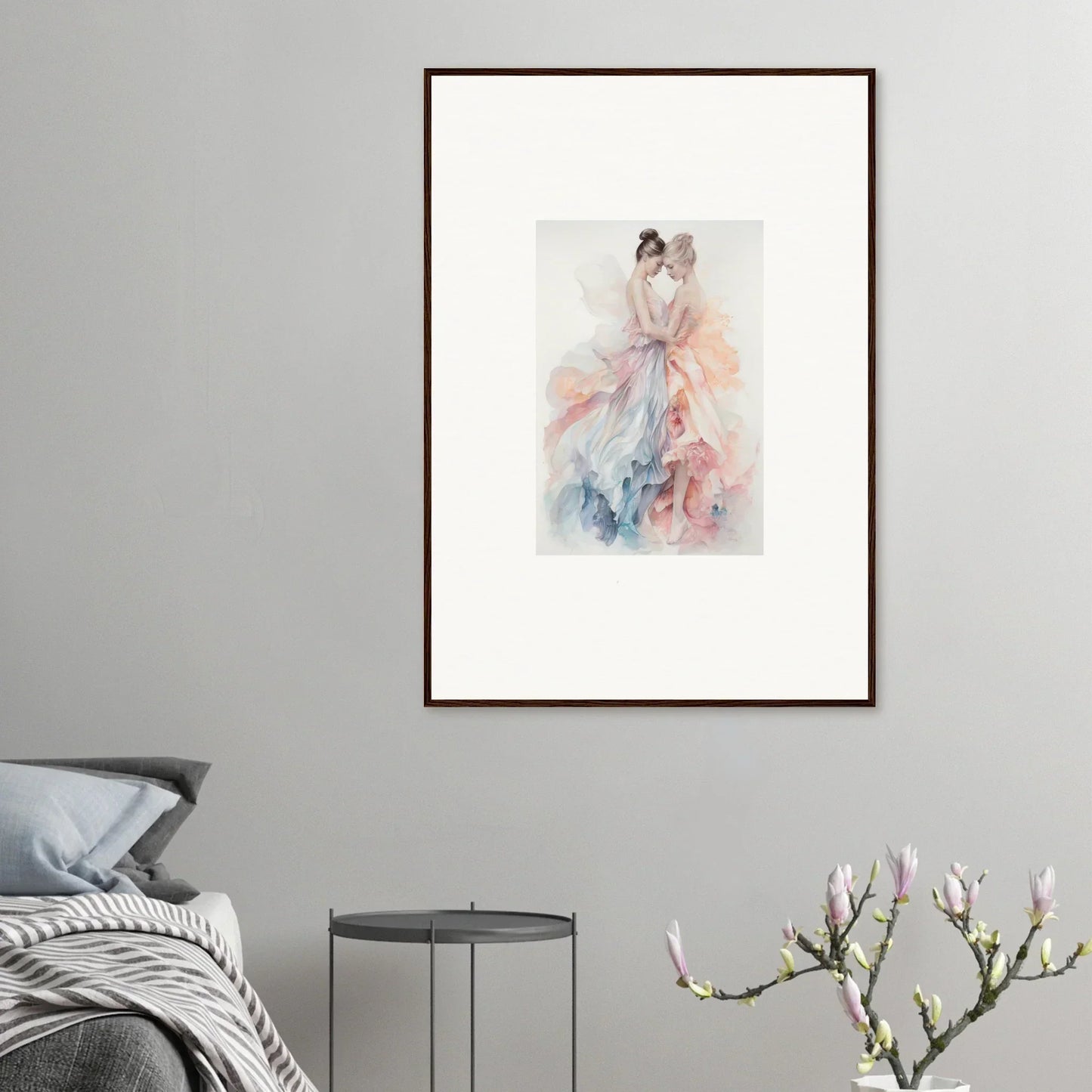 Framed watercolor art of pastel pink and blue forms in Ethereal Lacework Wispers