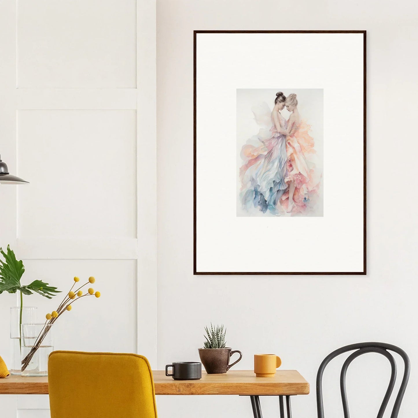 Framed watercolor art of a flowing dress in pastel for Ethereal Lacework Wispers